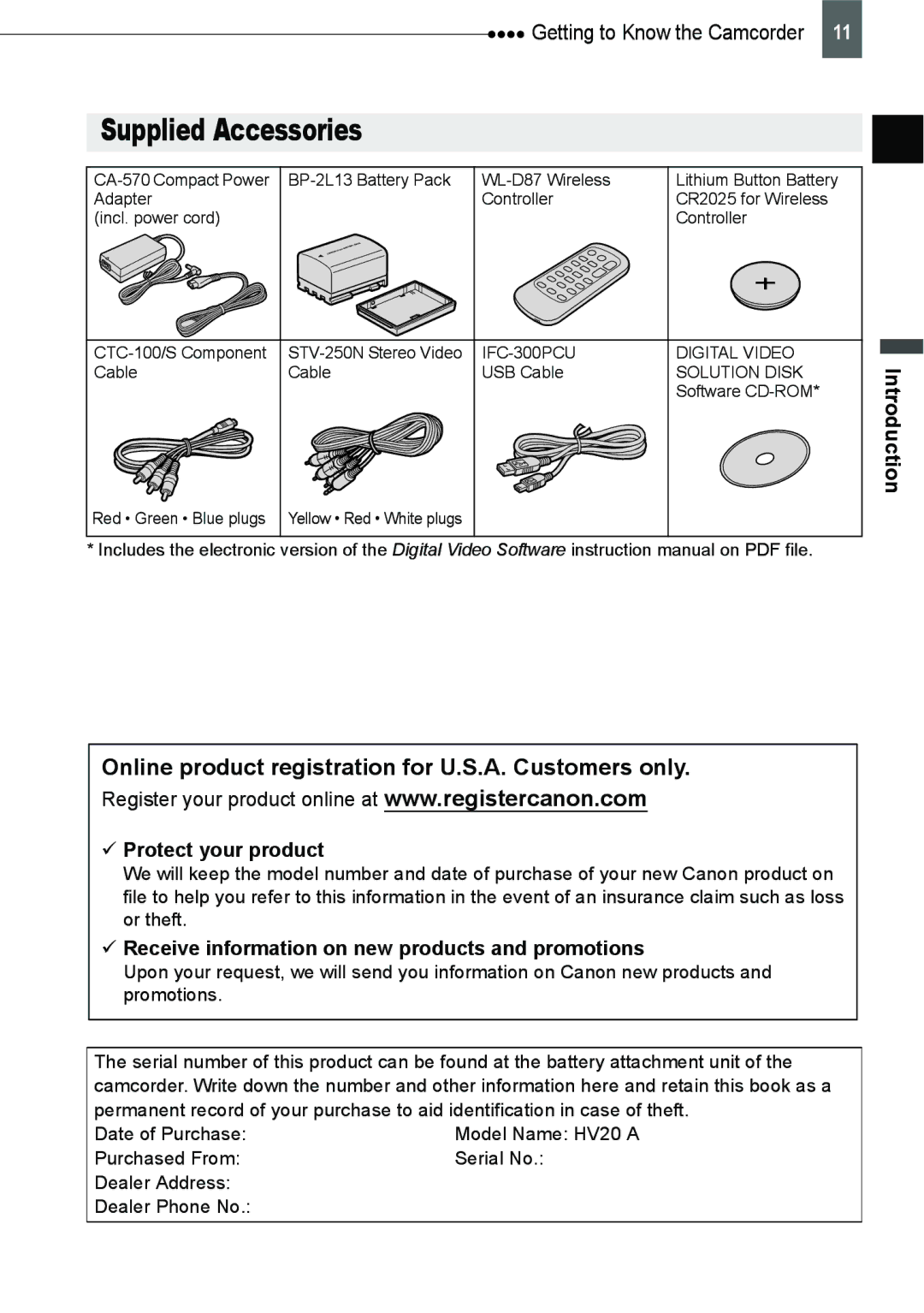 Canon HV20 instruction manual Supplied Accessories, Getting to Know the Camcorder, Introduction Protect your product 