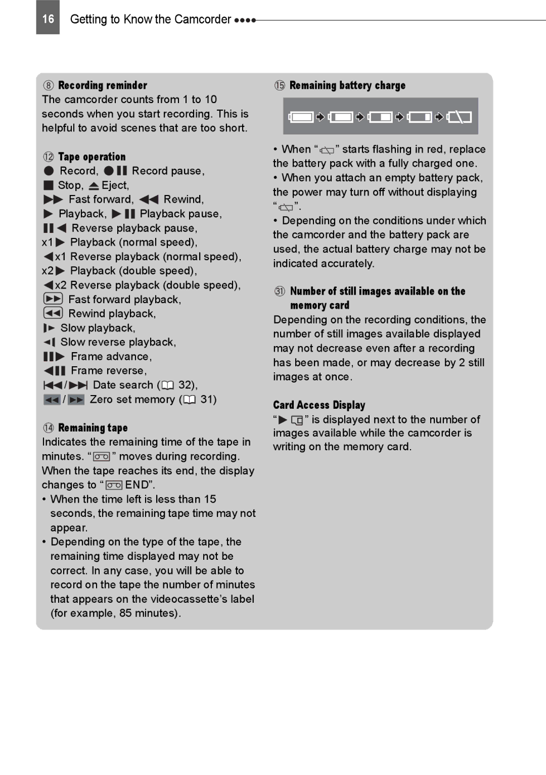 Canon HV20 instruction manual Recording reminder, Remaining tape, Remaining battery charge, Card Access Display 