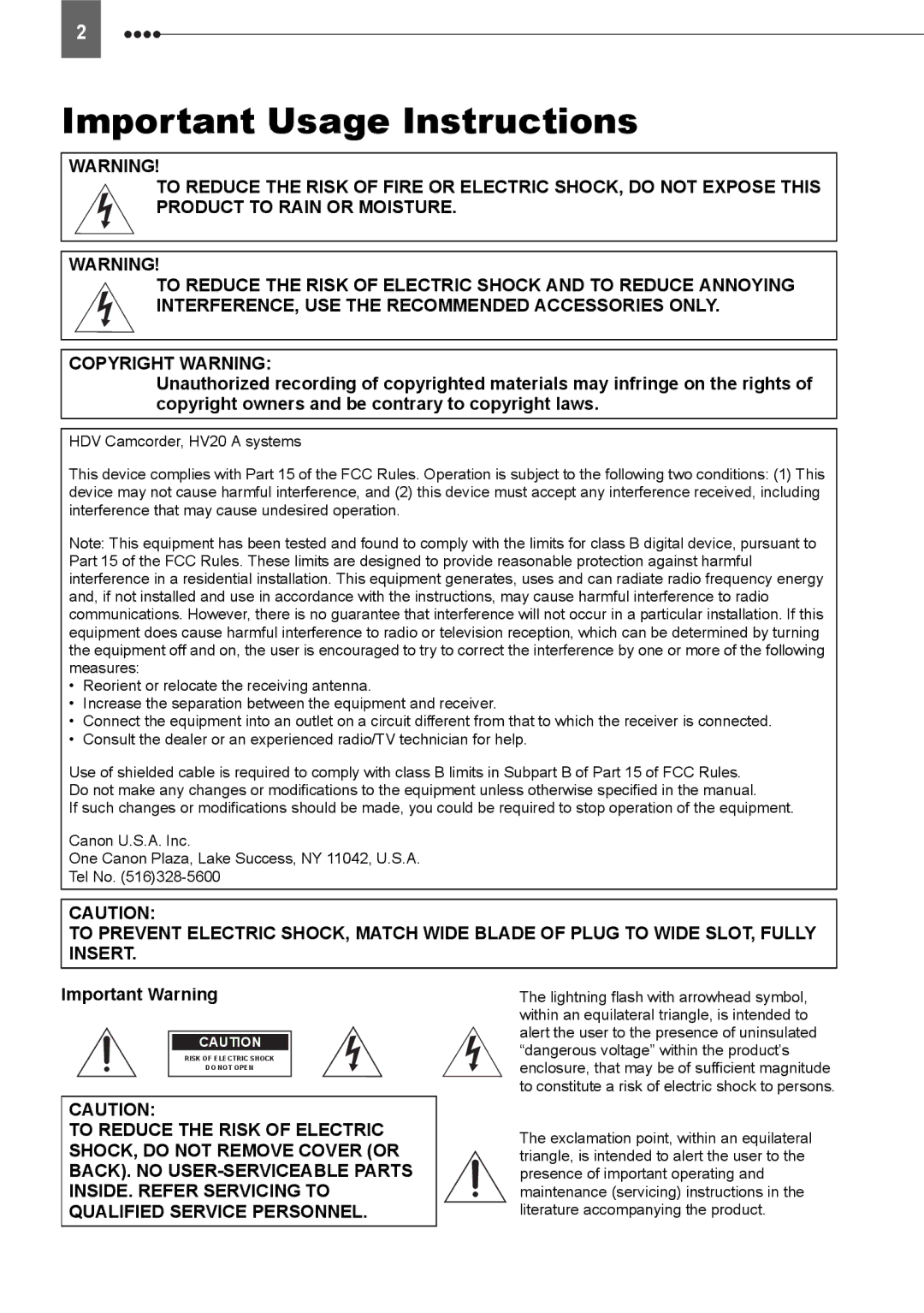 Canon HV20 instruction manual Important Usage Instructions 