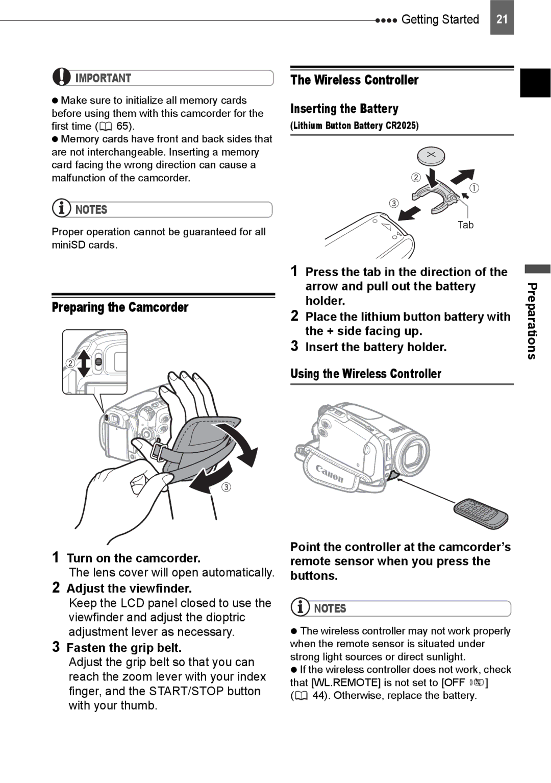 Canon HV20 instruction manual Wireless Controller, Preparing the Camcorder 