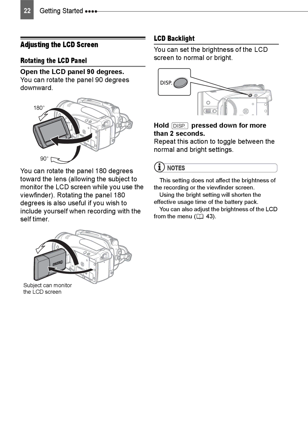 Canon HV20 instruction manual Adjusting the LCD Screen, LCD Backlight, Hold DISP. pressed down for more than 2 seconds, 180 