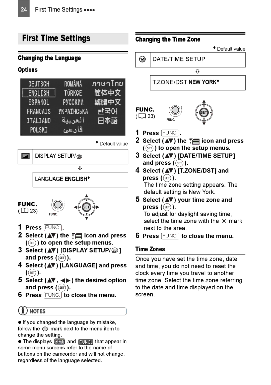 Canon HV20 instruction manual First Time Settings, Changing the Language, Changing the Time Zone 