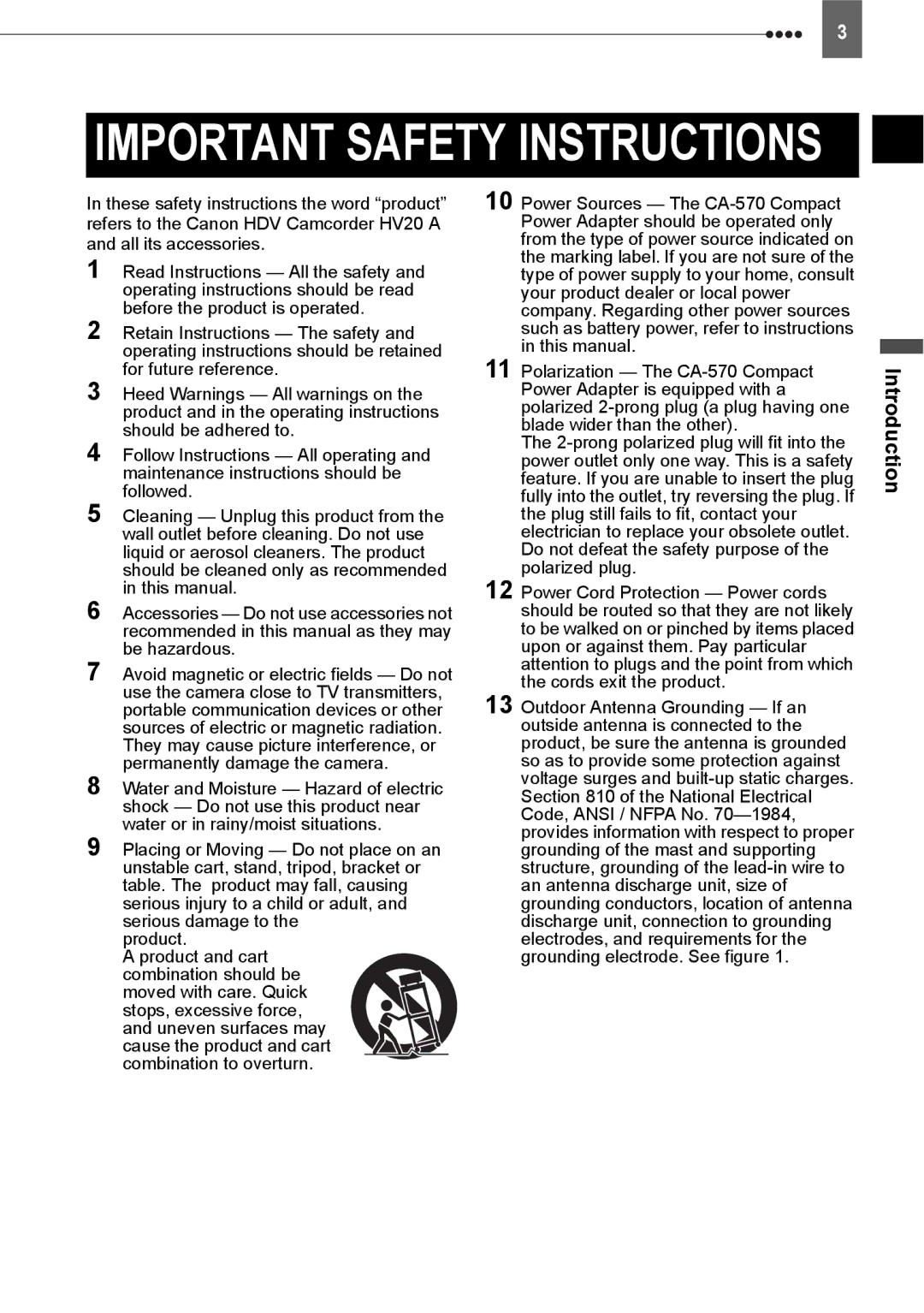 Canon HV20 instruction manual Important Safety Instructions, Introduction 