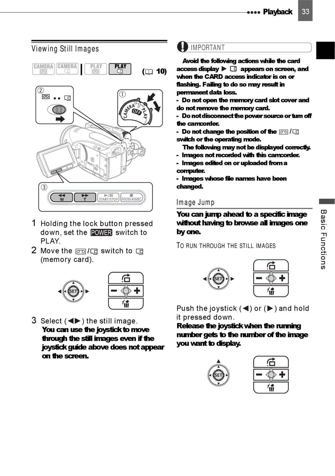 Canon HV20 Viewing Still Images, Image Jump, Push the joystick or and hold it pressed down, Basic Functions 