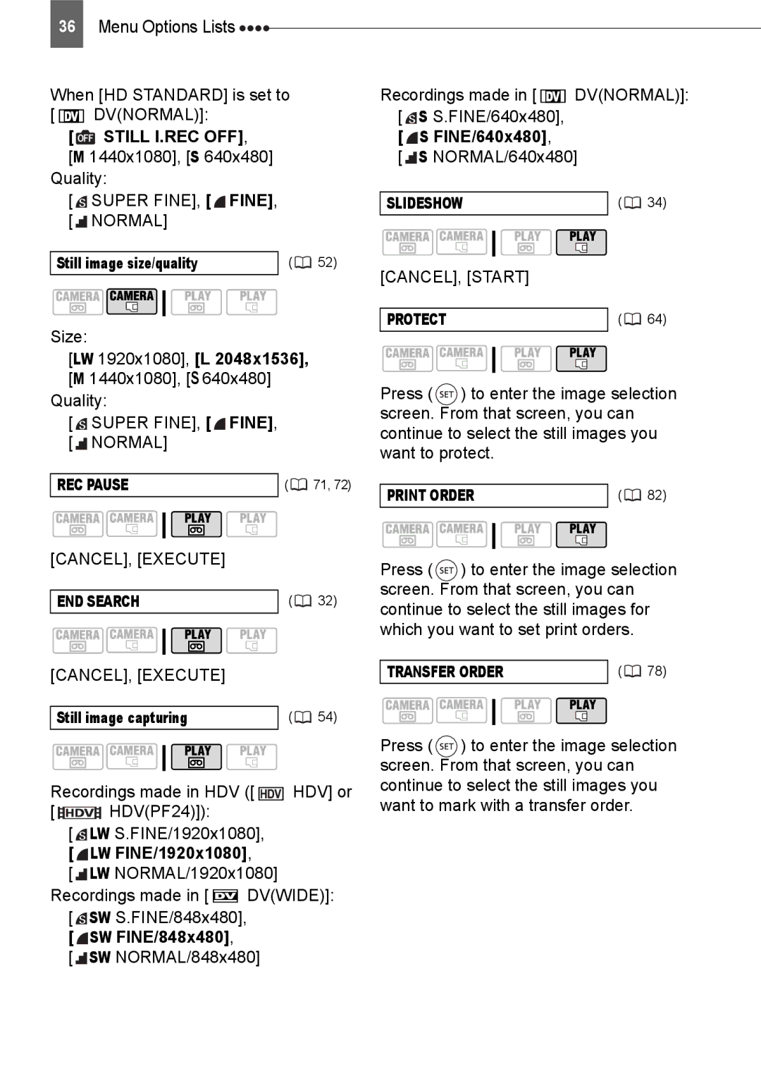 Canon HV20 instruction manual FINE/640x480, LW FINE/1920x1080, SW FINE/848x480 