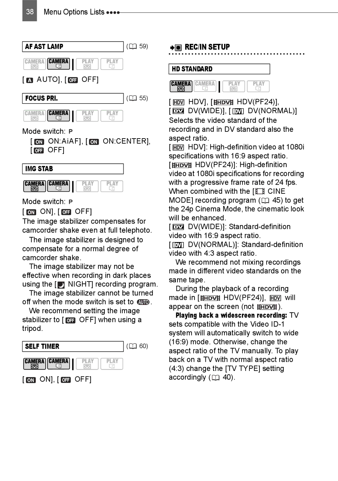 Canon HV20 instruction manual Auto, Off, Hdv, Dvnormal 