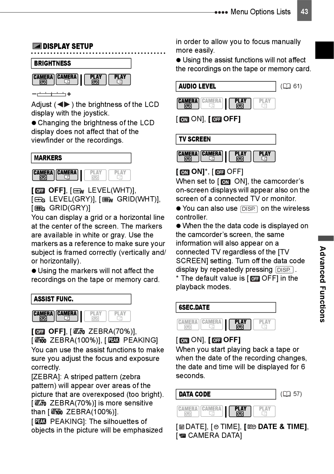 Canon HV20 instruction manual Gridgry, Off, Peaking, Camera Data 