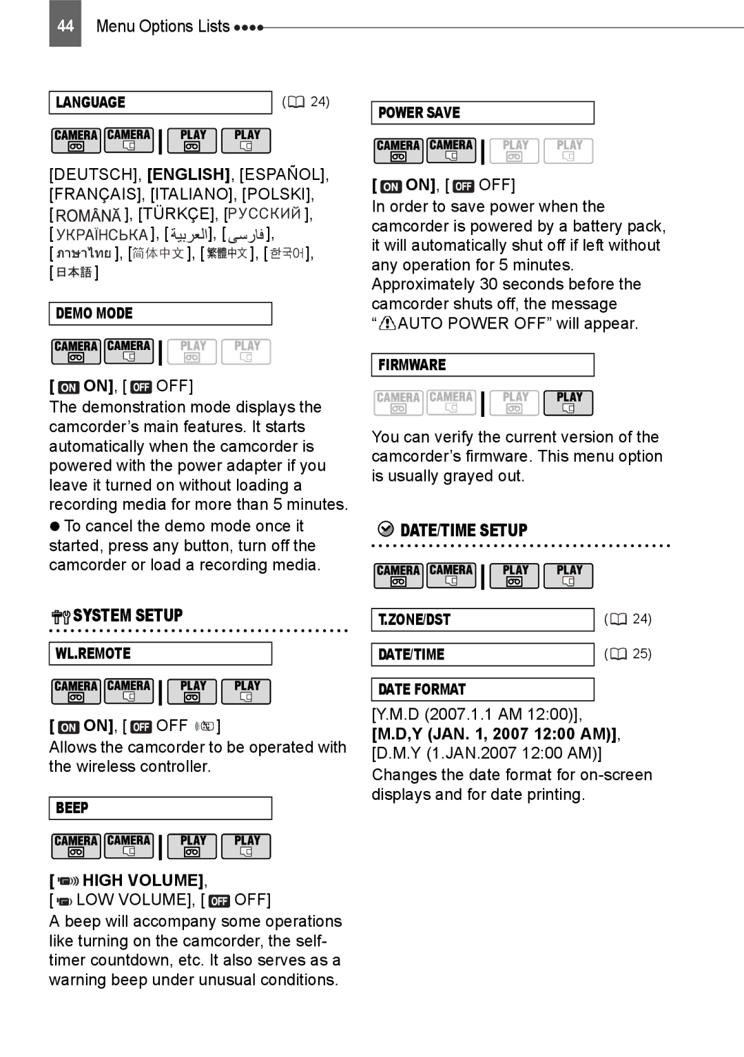 Canon HV20 instruction manual DEUTSCH, ENGLISH, ESPAÑOL, FRANÇAIS, ITALIANO, Polski, Türkçe, Low Volume, Off 