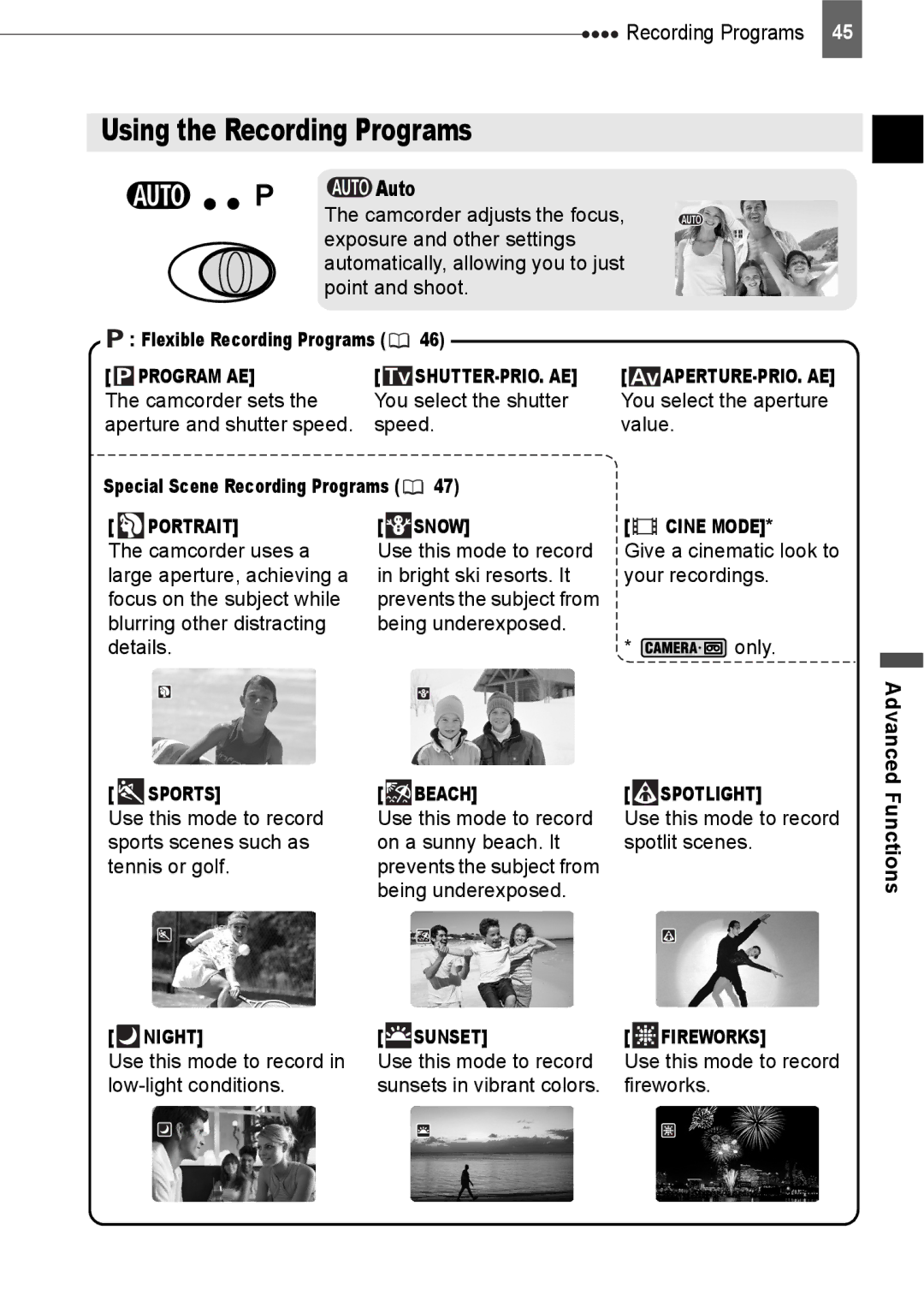 Canon HV20 instruction manual Using the Recording Programs, Blurring other distracting Being underexposed Only Details 