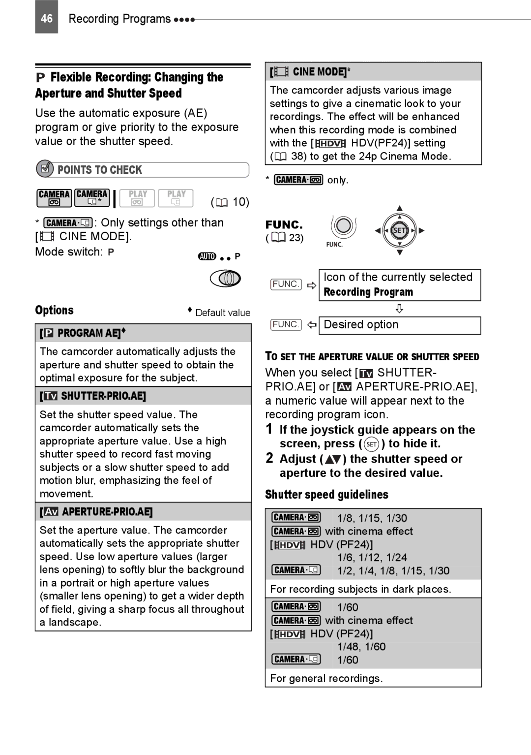 Canon HV20 Only settings other than Cine Mode Mode switch, Icon of the currently selected, Recording Program 