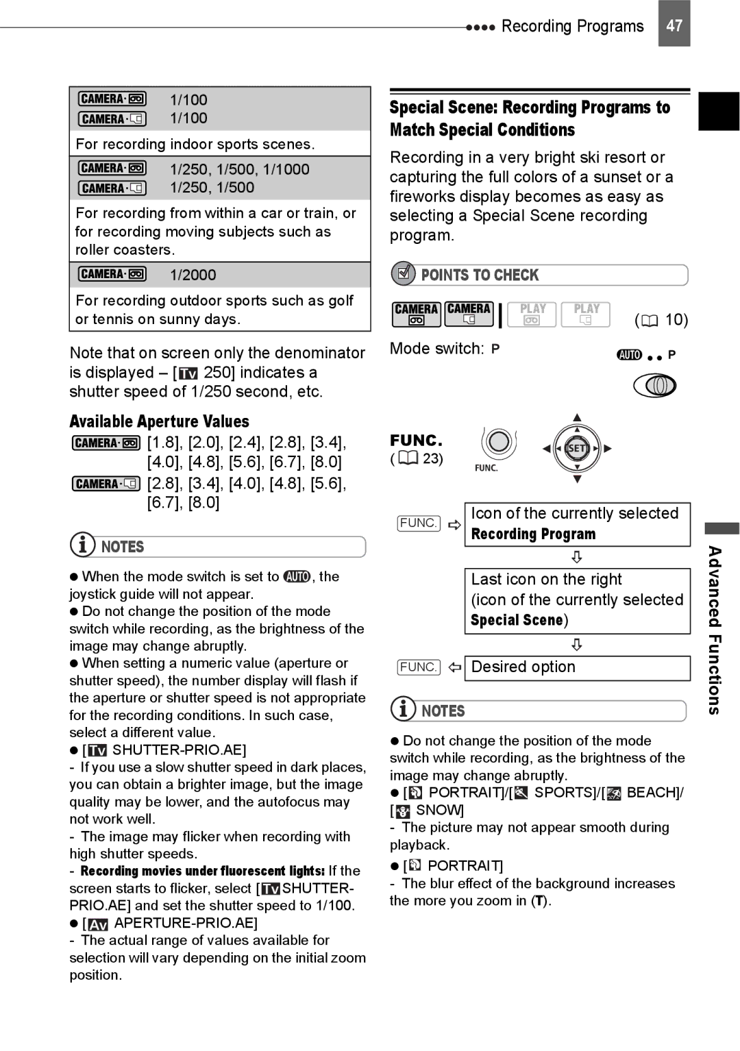 Canon HV20 instruction manual Available Aperture Values, Shutter-Prio.Ae, Aperture-Prio.Ae, Portrait 