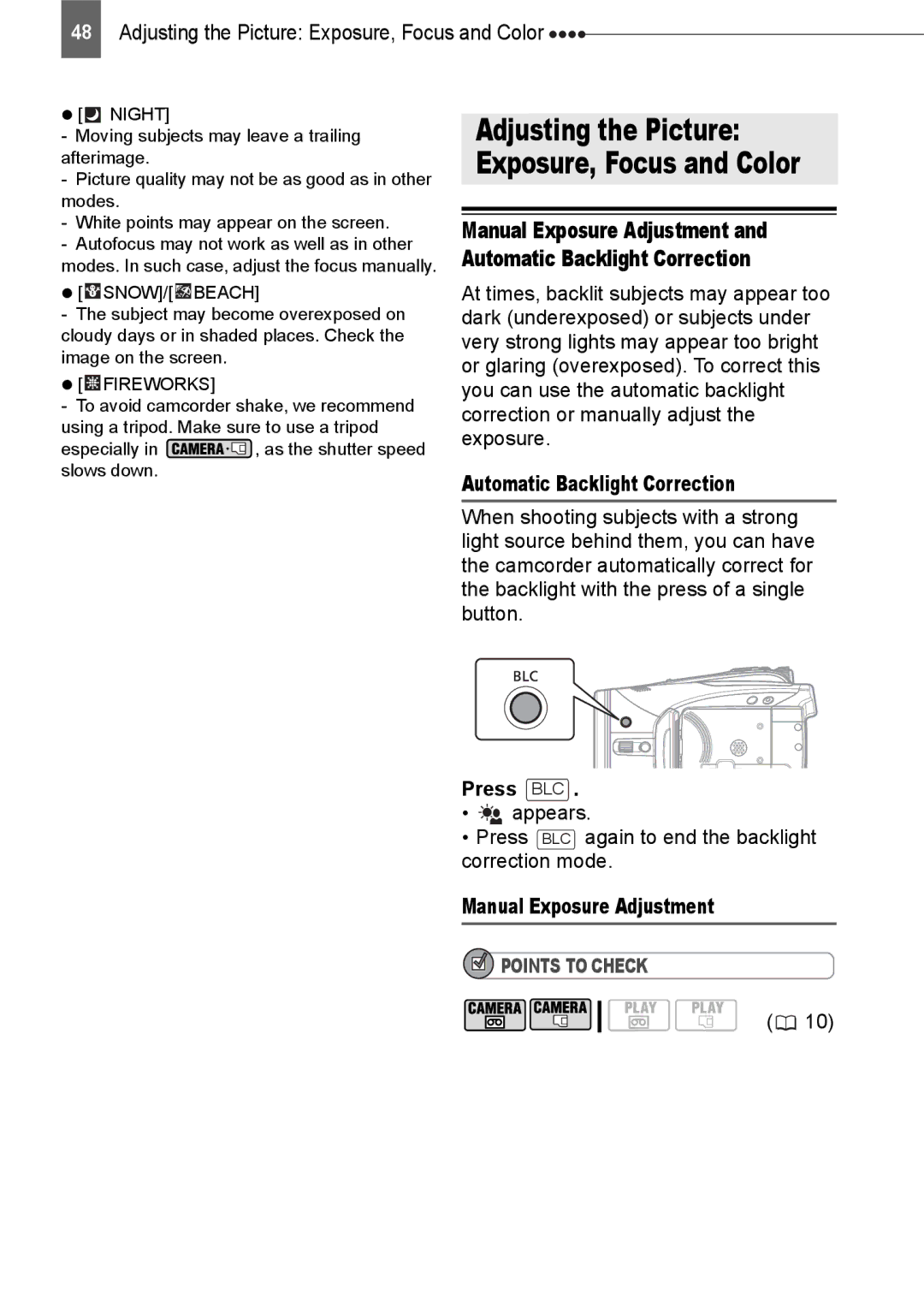 Canon HV20 instruction manual Adjusting the Picture Exposure, Focus and Color, Automatic Backlight Correction, Press BLC 