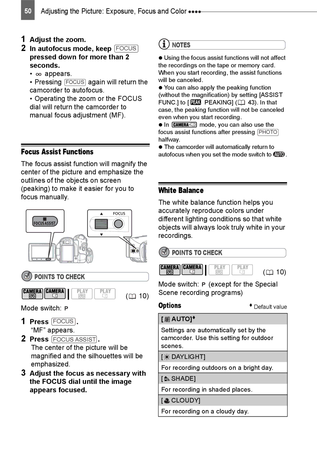 Canon HV20 instruction manual Focus Assist Functions, White Balance, Press Focus . MF appears, Auto 