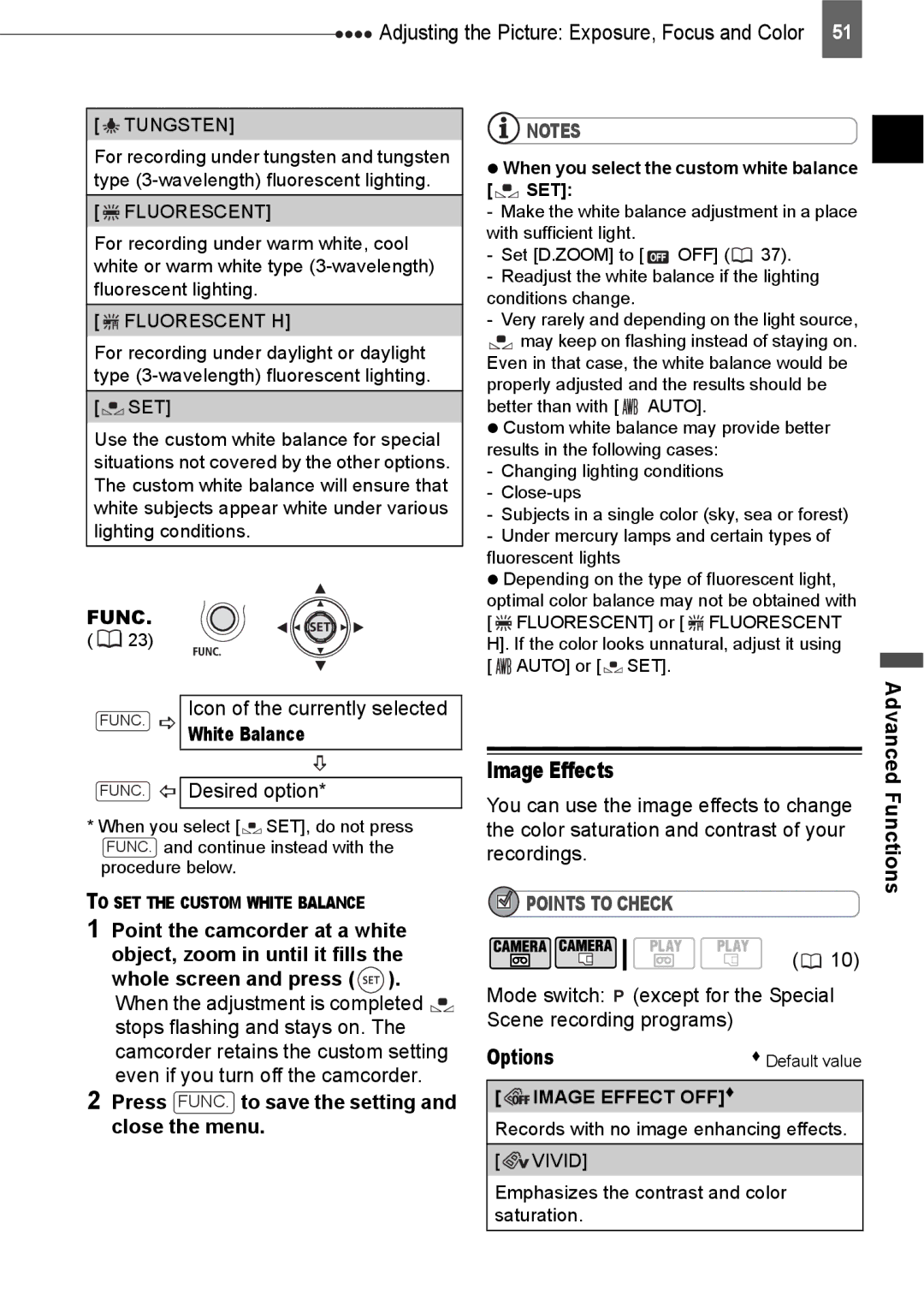 Canon HV20 Image Effects, White Balance, Press FUNC. to save the setting and close the menu, Procedure below 