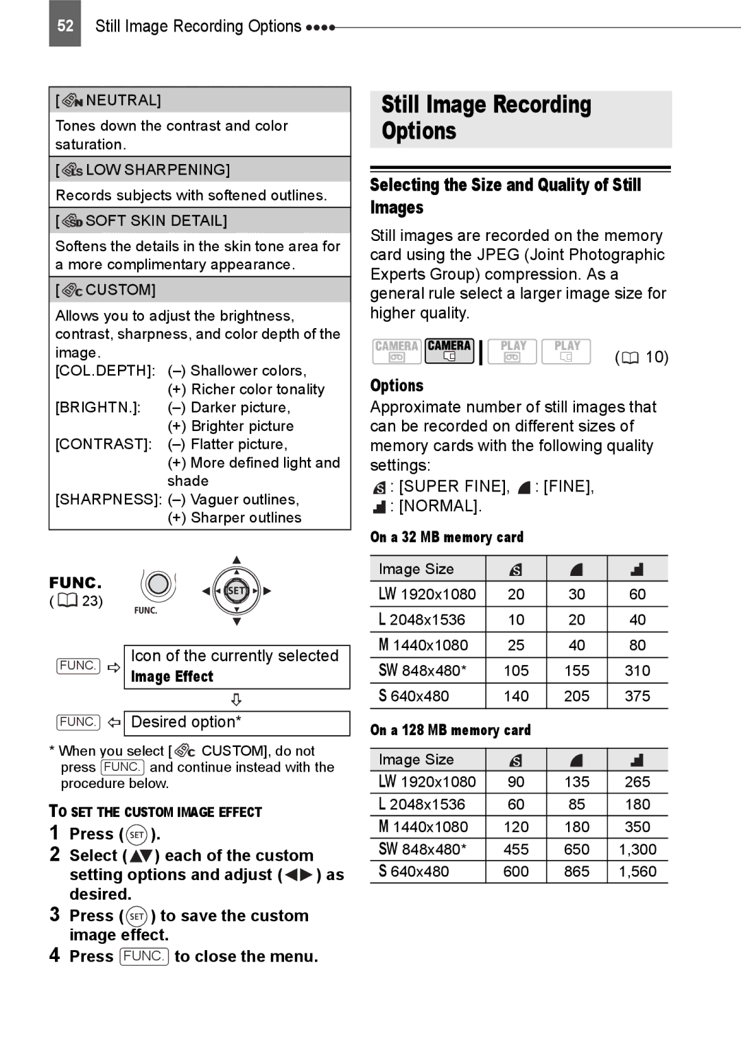 Canon HV20 instruction manual Still Image Recording Options, Selecting the Size and Quality of Still Images, Image Effect 