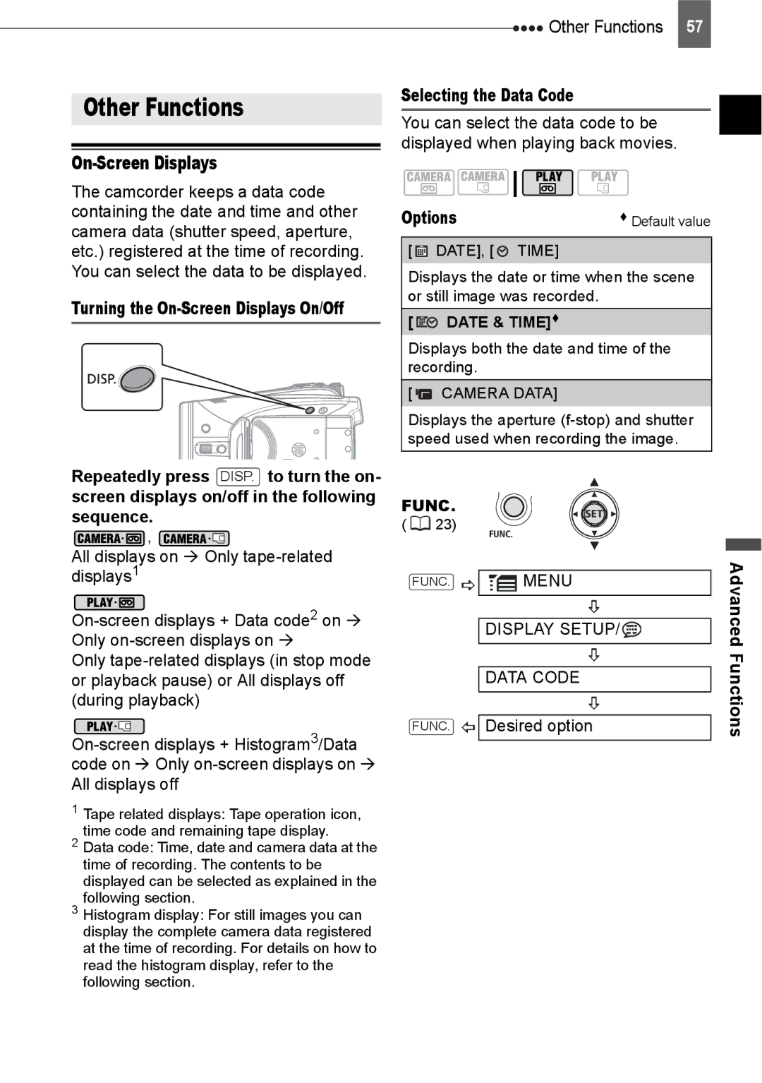 Canon HV20 instruction manual Other Functions, On-Screen Displays, Selecting the Data Code 