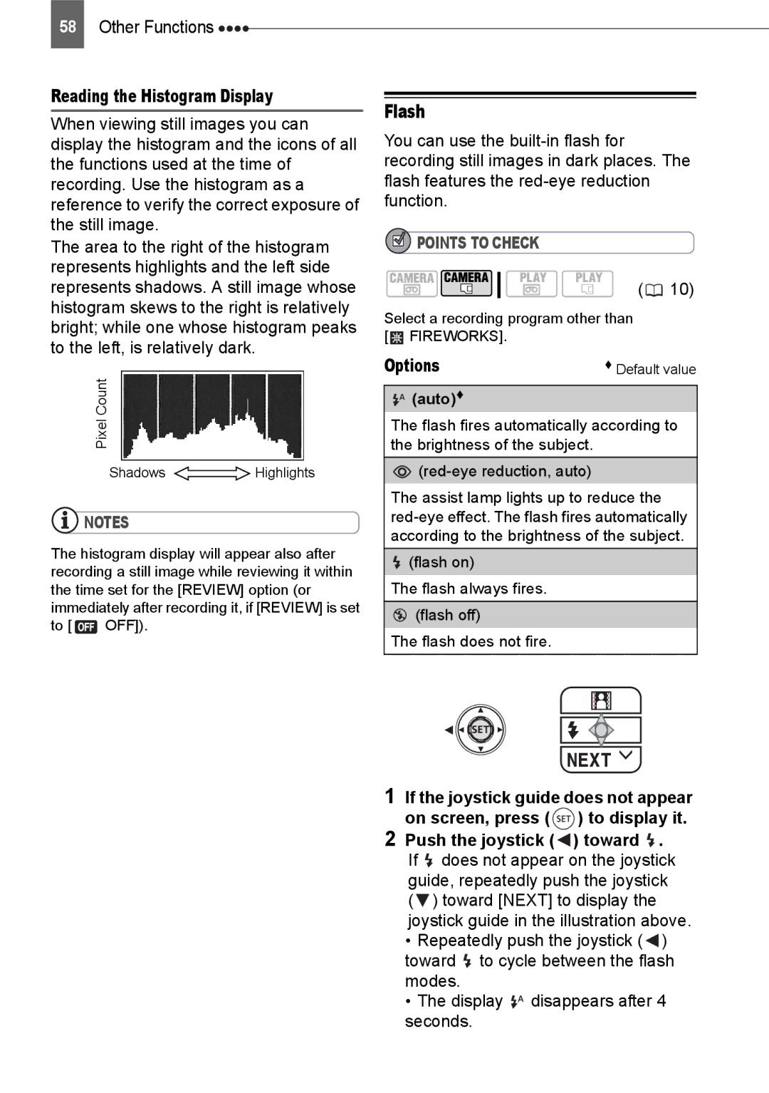 Canon HV20 instruction manual Flash, Reading the Histogram Display, Pixel Count Shadows Highlights, To OFF 