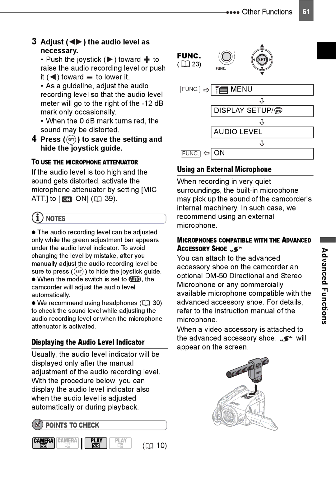 Canon HV20 instruction manual Adjust the audio level as necessary, Press to save the setting and hide the joystick guide 