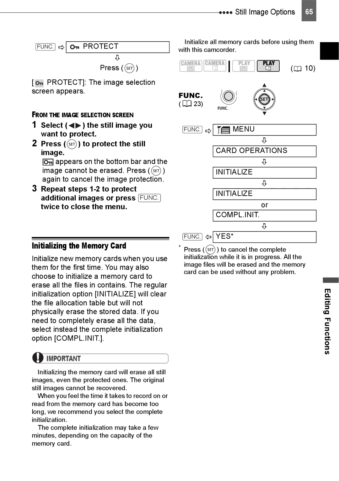 Canon HV20 instruction manual Initializing the Memory Card, FUNC. Protect, Press Protect The image selection screen appears 