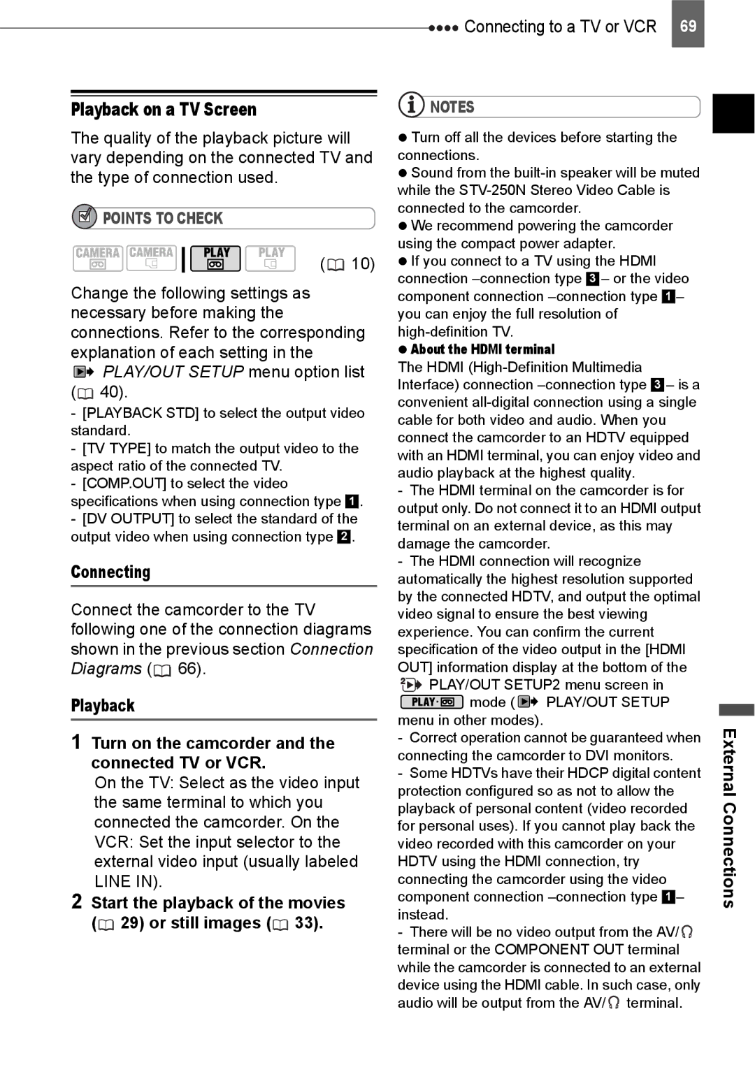 Canon HV20 instruction manual Playback on a TV Screen, PLAY/OUT Setup menu option list, Connecting 