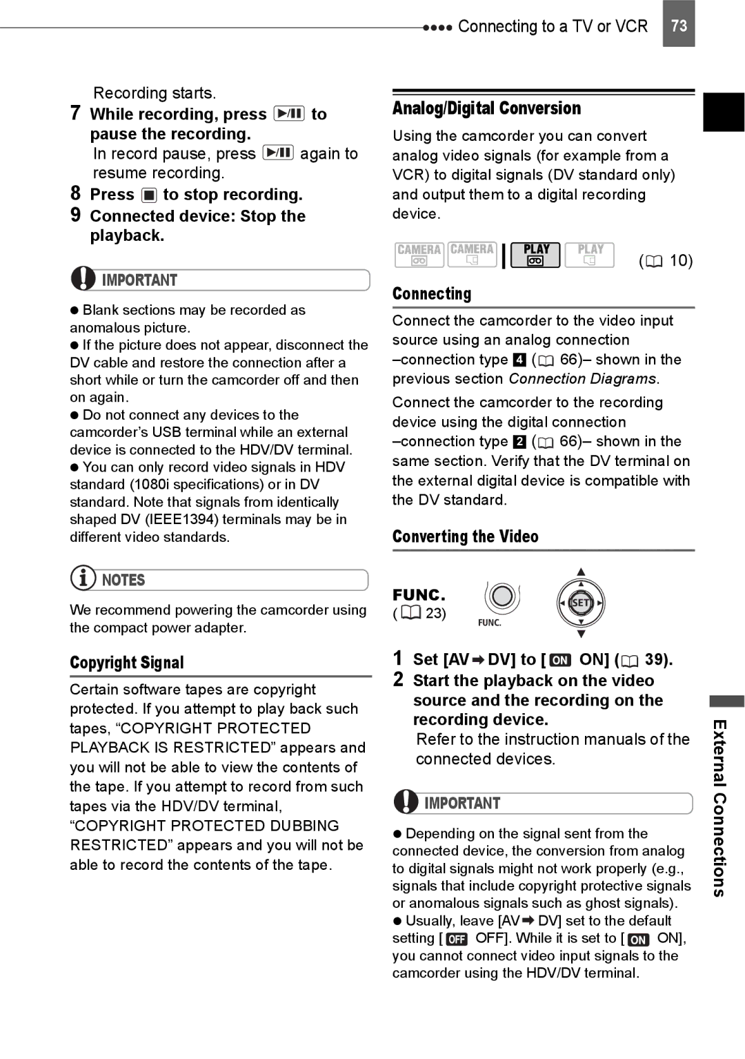 Canon HV20 instruction manual Analog/Digital Conversion, Copyright Signal, Converting the Video, Connected devices 