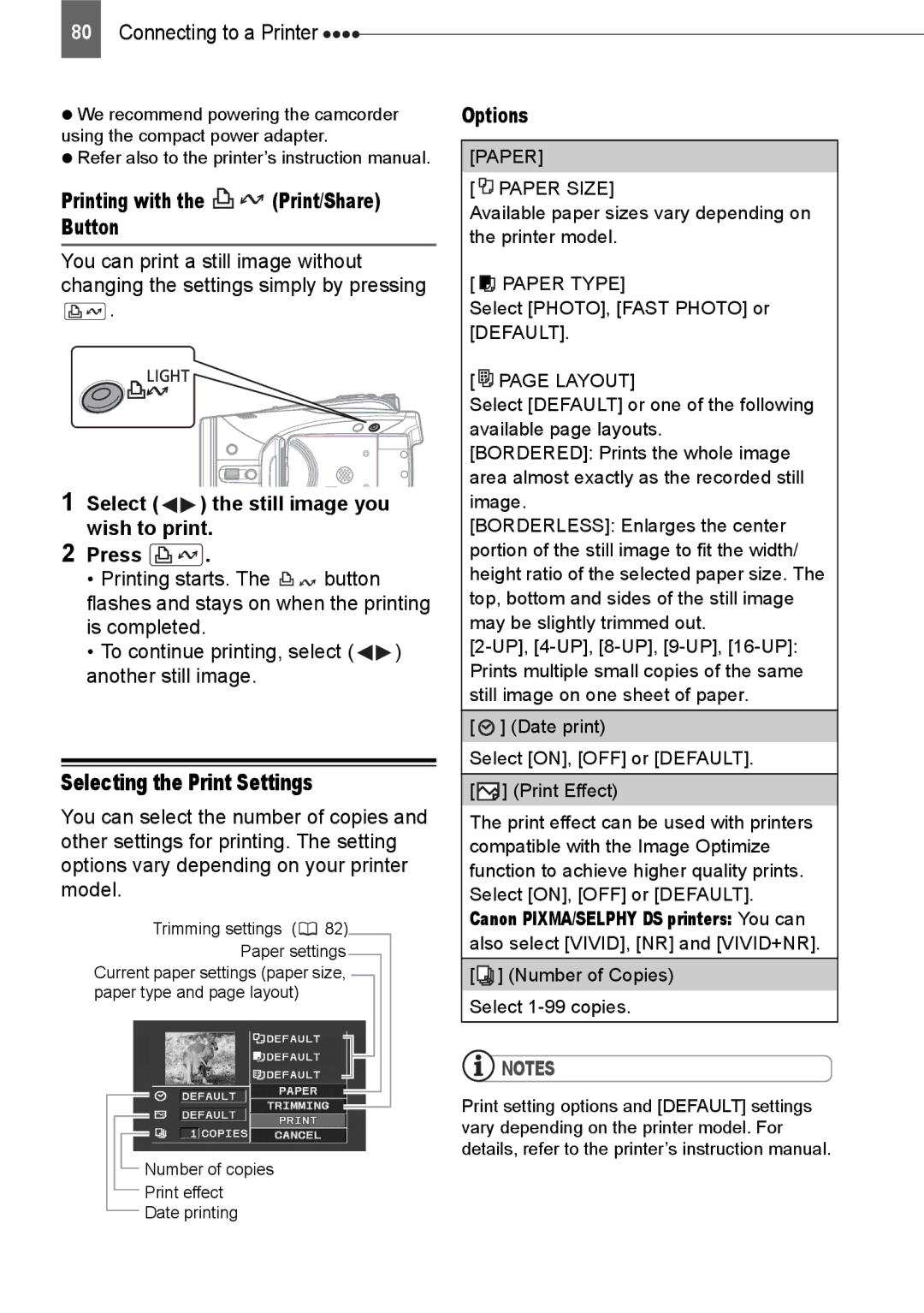 Canon HV20 Selecting the Print Settings, Printing with the Print/Share Button, Trimming settings 82 Paper settings 