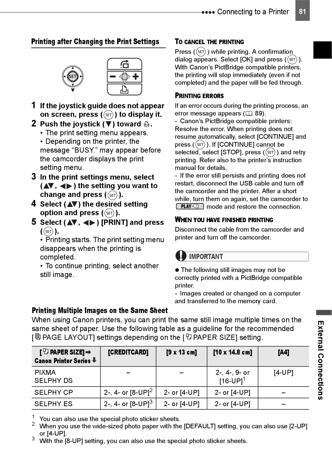 Canon HV20 Select , Print and press, Select the desired setting option and press, 9- or, 16-UP1, Or 8-UP2 Or 4-UP 