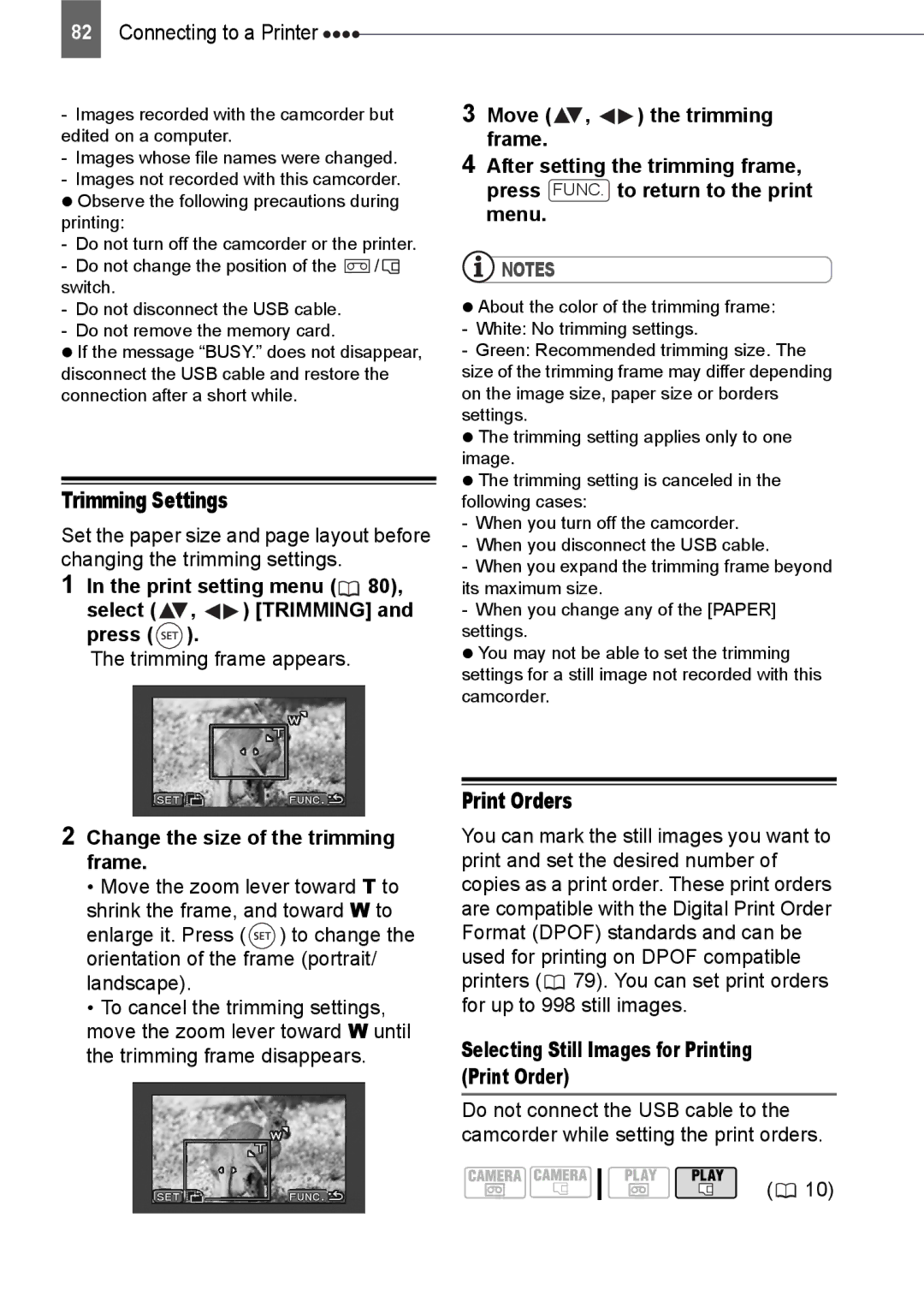 Canon HV20 instruction manual Trimming Settings, Print Orders, Print setting menu Select , Trimming and press 