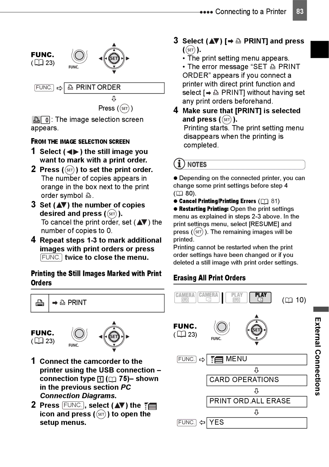 Canon HV20 Printing the Still Images Marked with Print Orders, Select Print and press, Erasing All Print Orders 