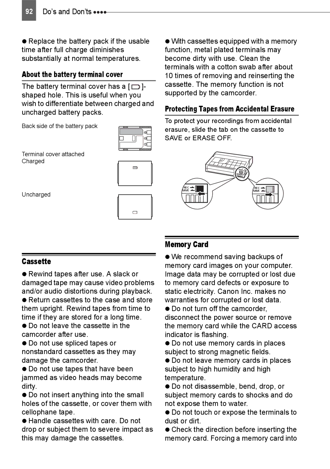 Canon HV20 Cassette, Memory Card, About the battery terminal cover, Protecting Tapes from Accidental Erasure, Uncharged 