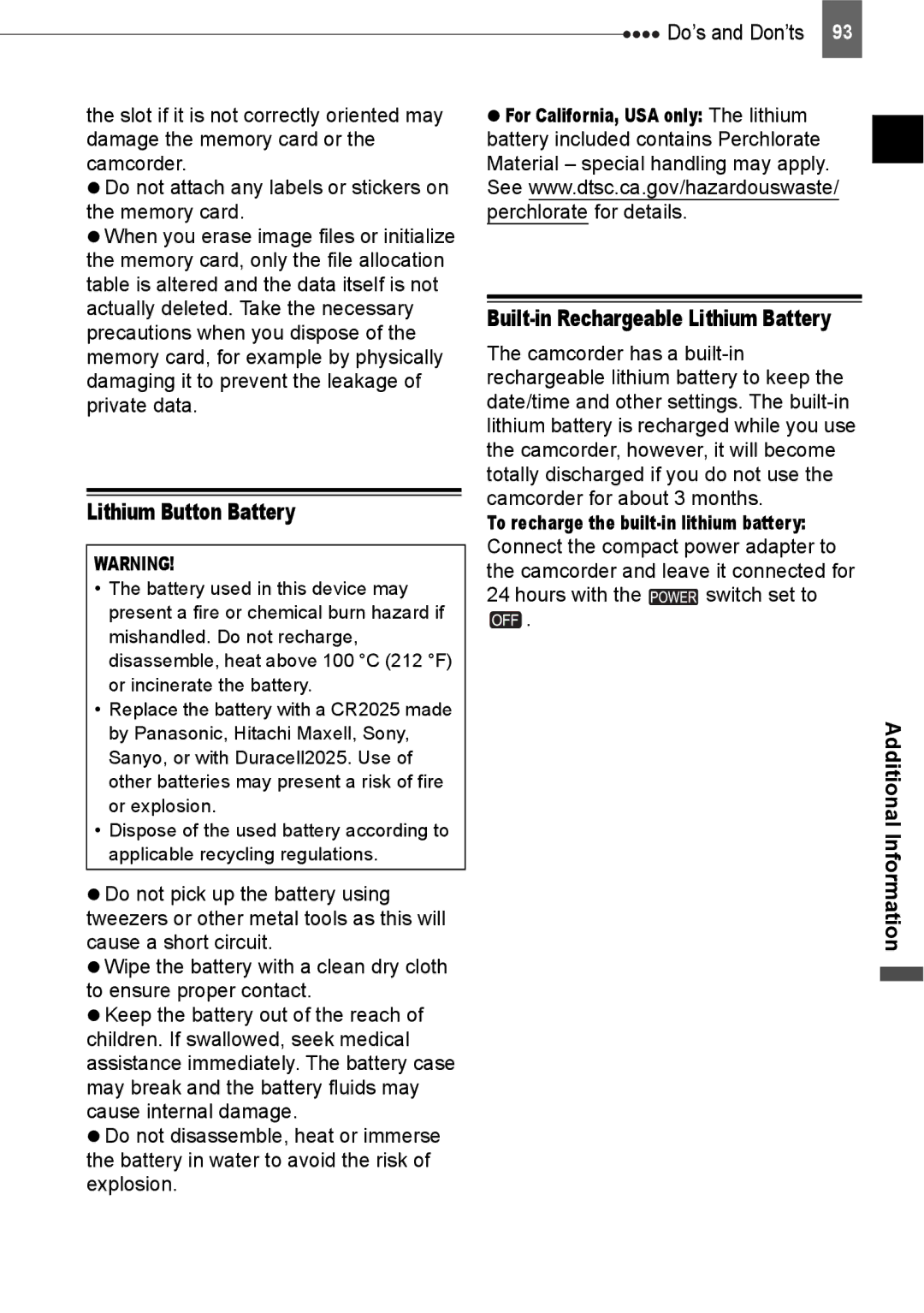 Canon HV20 instruction manual Lithium Button Battery, Built-in Rechargeable Lithium Battery, Hours with the switch set to 