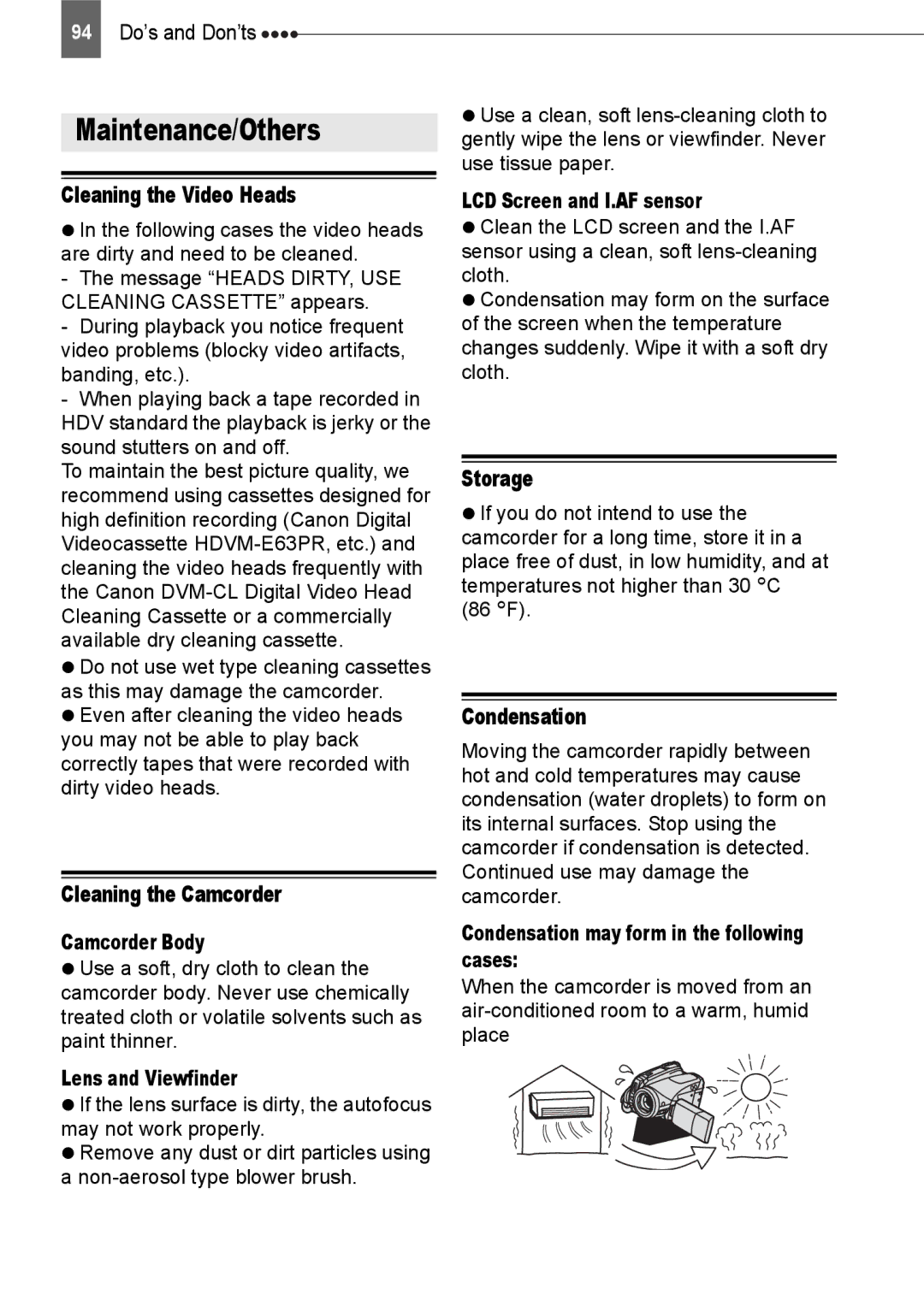 Canon HV20 instruction manual Maintenance/Others, Cleaning the Video Heads, Cleaning the Camcorder, Storage, Condensation 