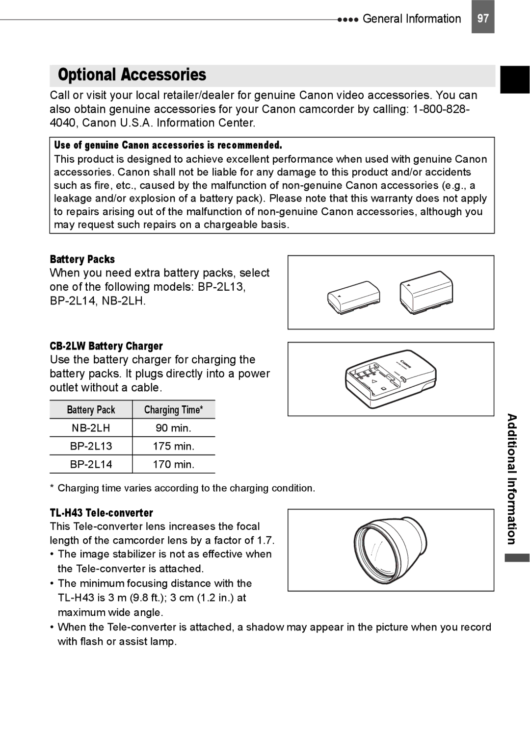 Canon HV20 instruction manual Optional Accessories, Battery Packs, CB-2LW Battery Charger, TL-H43 Tele-converter 