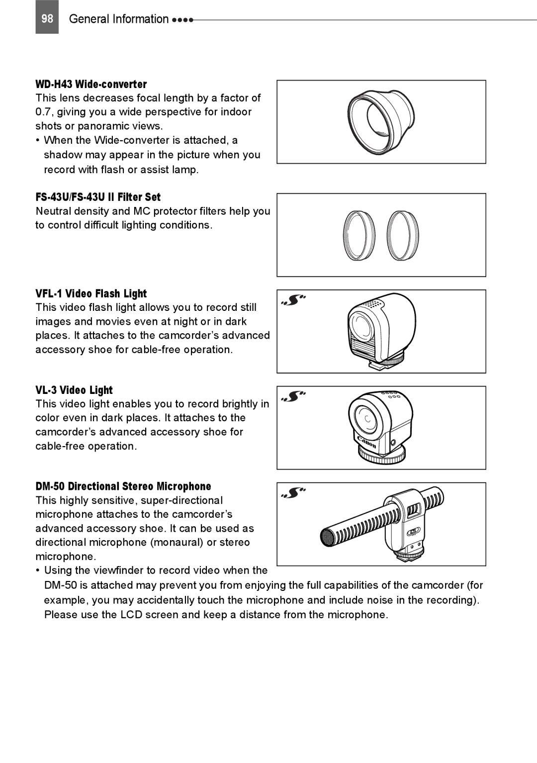 Canon HV20 instruction manual WD-H43 Wide-converter, FS-43U/FS-43U II Filter Set, VFL-1 Video Flash Light, VL-3 Video Light 