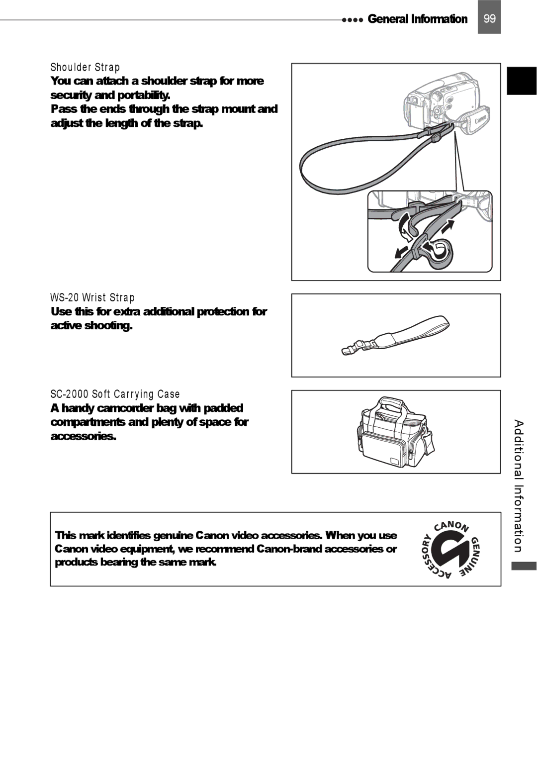 Canon HV20 instruction manual Shoulder Strap, WS-20 Wrist Strap, SC-2000 Soft Carrying Case 