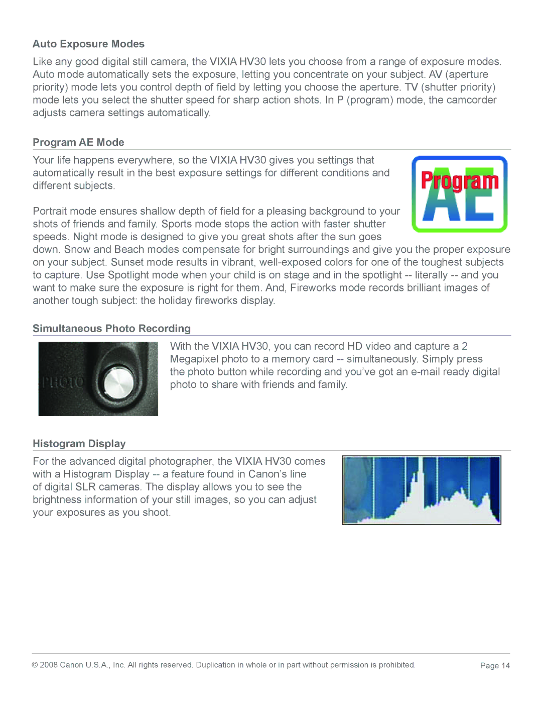 Canon HV30 manual Auto Exposure Modes, Program AE Mode, Simultaneous Photo Recording, Histogram Display 