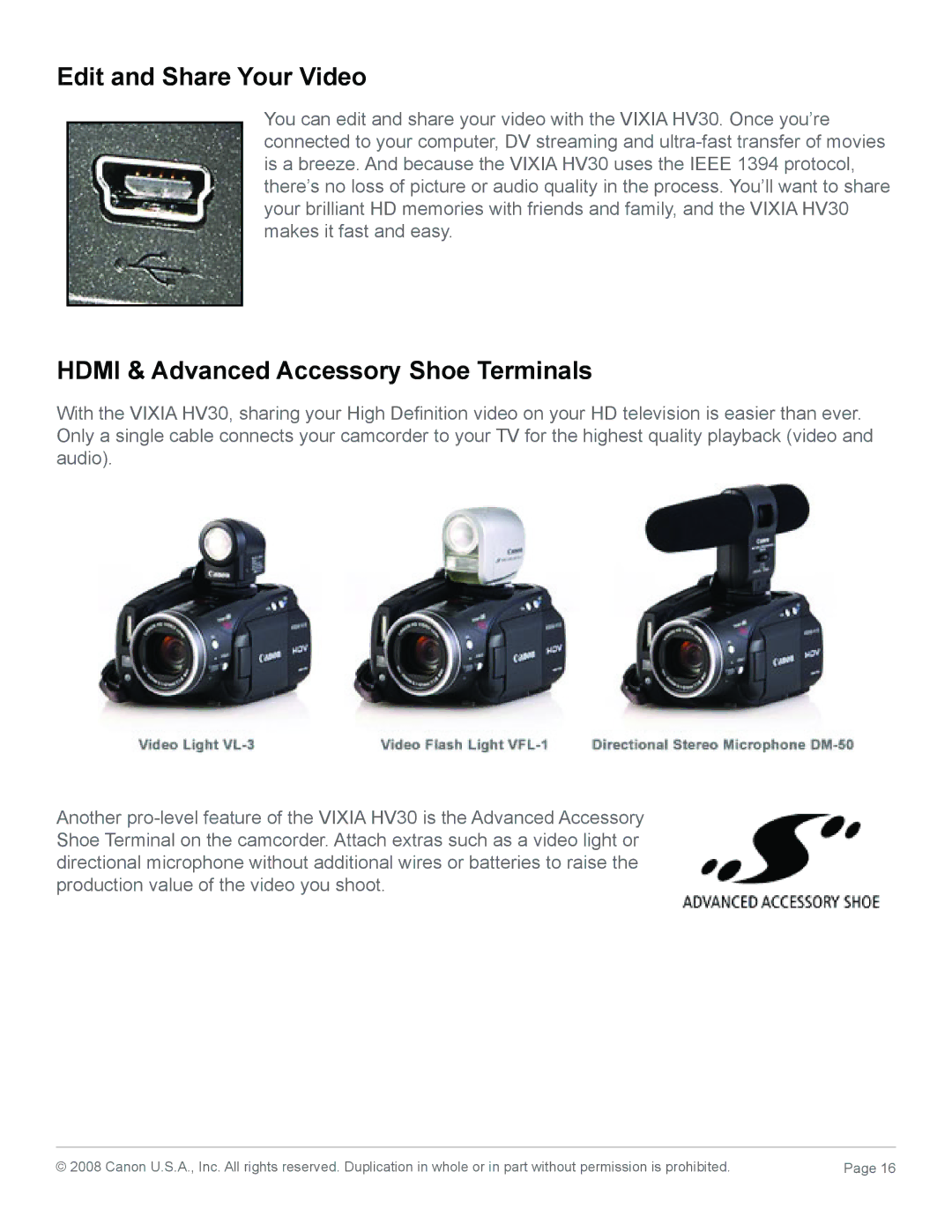 Canon HV30 manual Edit and Share Your Video, Hdmi & Advanced Accessory Shoe Terminals 