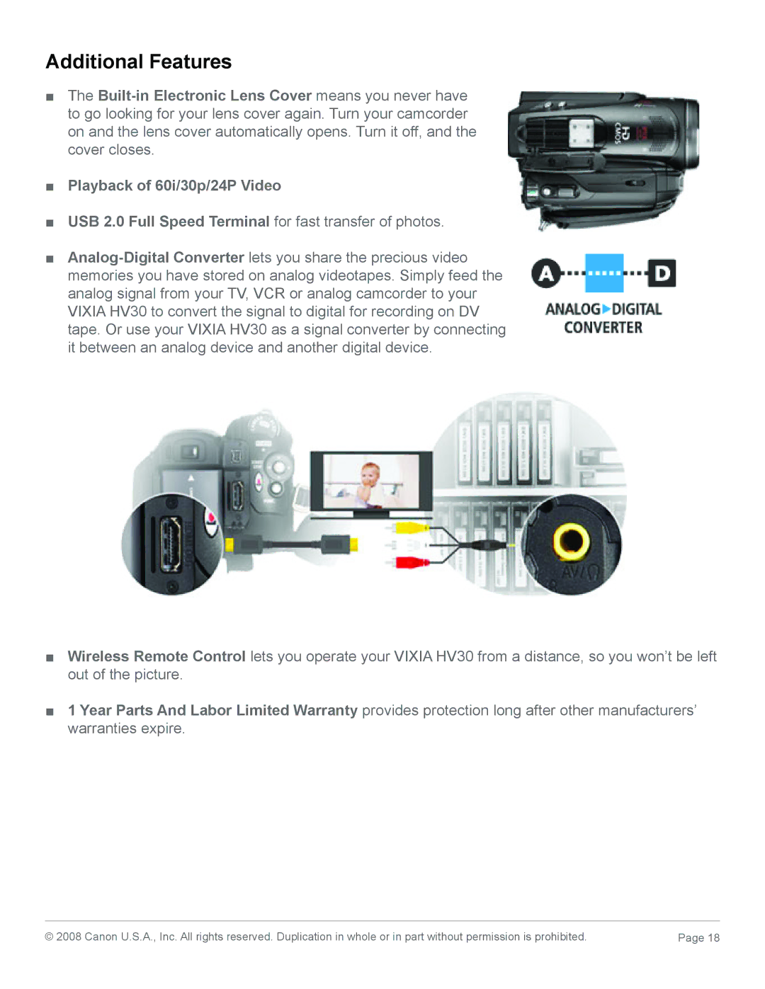 Canon HV30 manual Additional Features 