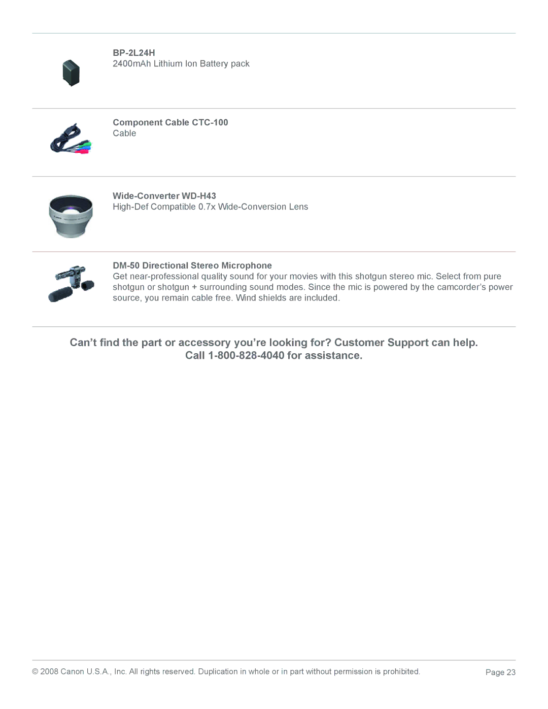 Canon HV30 manual BP-2L24H, Component Cable CTC-100, Wide-Converter WD-H43, DM-50 Directional Stereo Microphone 