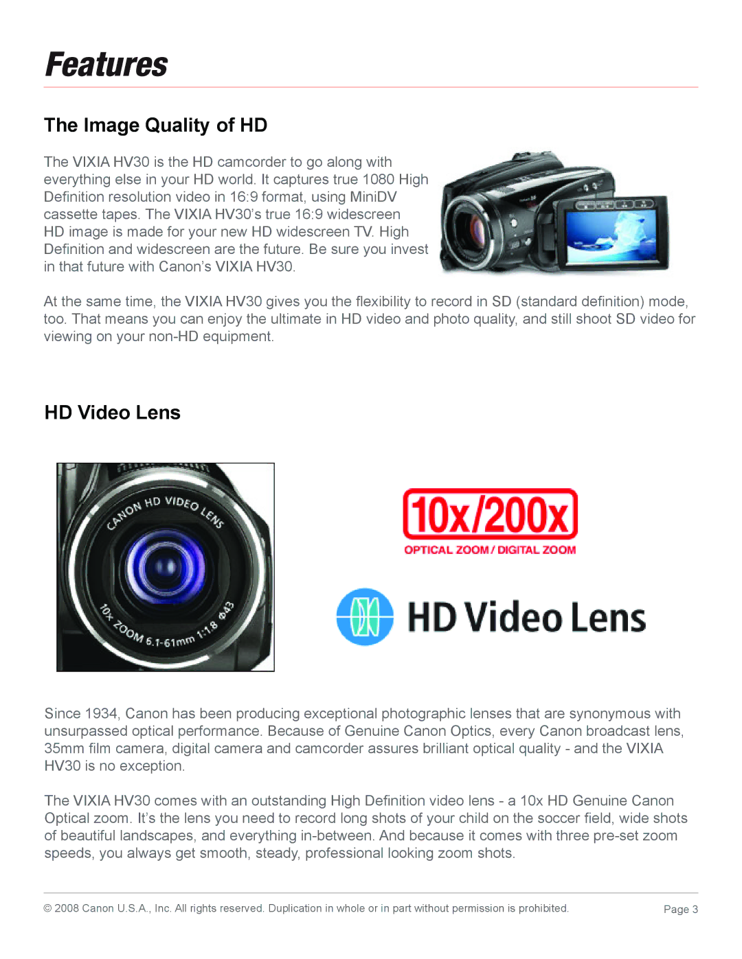 Canon HV30 manual Features, Image Quality of HD, HD Video Lens 