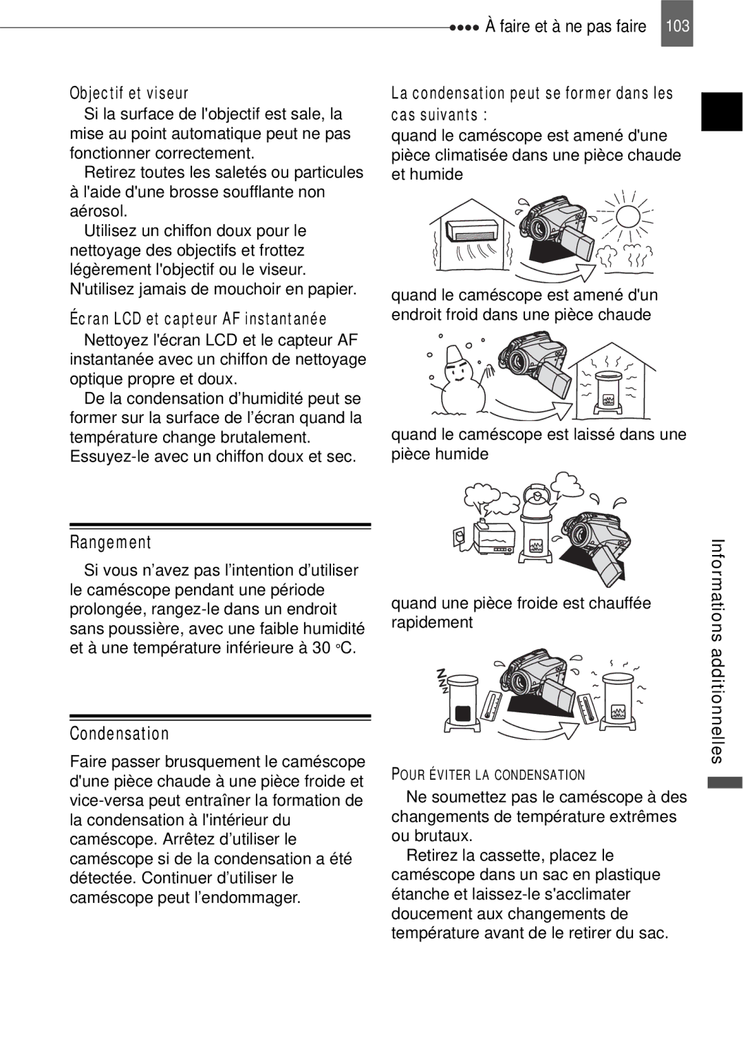 Canon HV40 manual Rangement, Condensation, Objectif et viseur, La condensation peut se former dans les cas suivants 