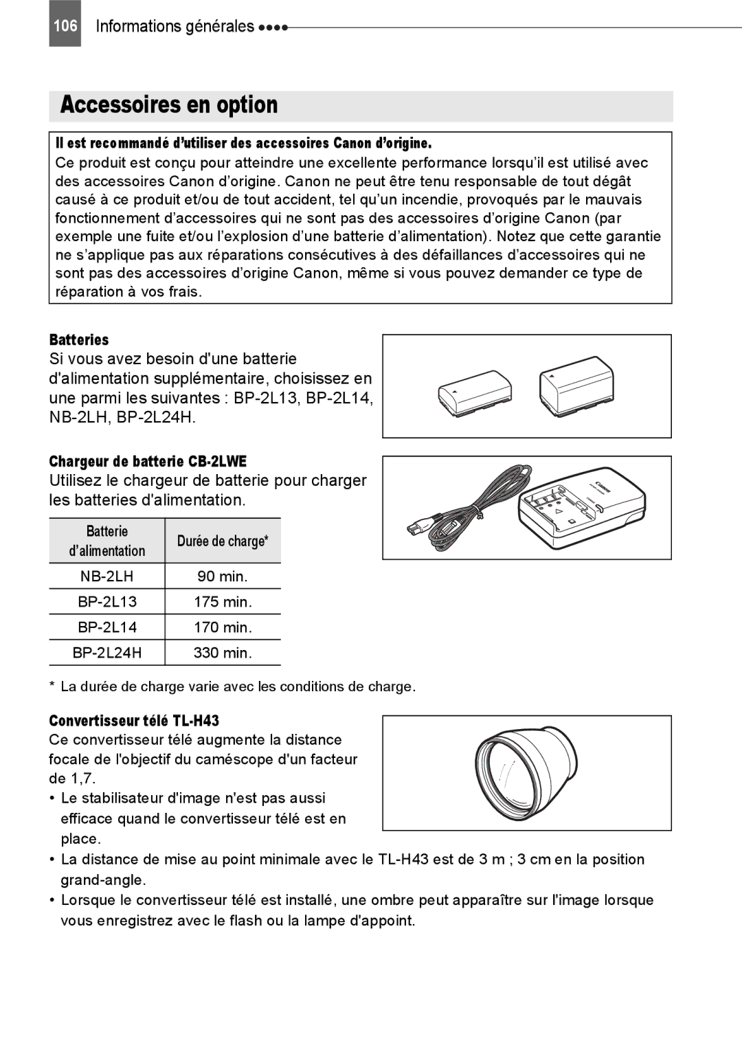 Canon HV40 manual Accessoires en option, Batteries, Chargeur de batterie CB-2LWE, Convertisseur télé TL-H43 