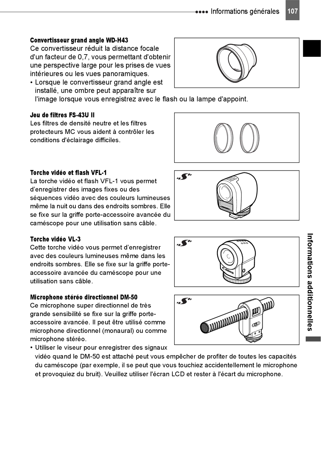 Canon HV40 manual Convertisseur grand angle WD-H43, Jeu de filtres FS-43U, Torche vidéo et flash VFL-1, Torche vidéo VL-3 