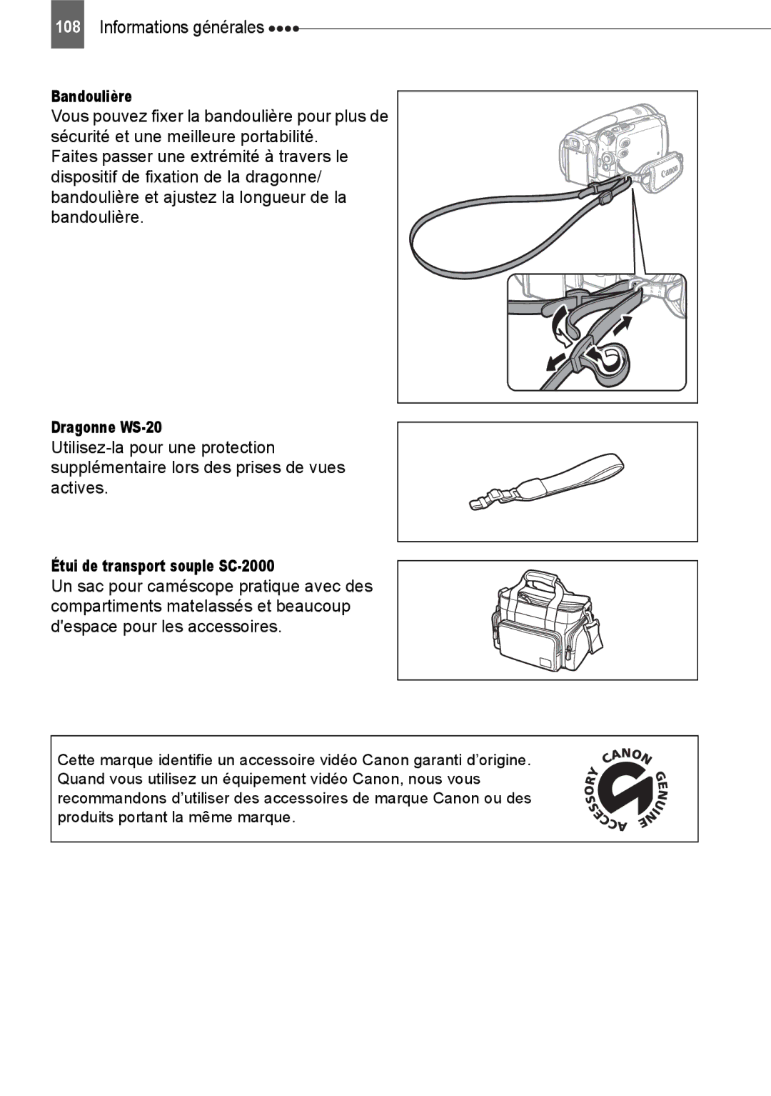 Canon HV40 manual Bandoulière, Dragonne WS-20, Étui de transport souple SC-2000 