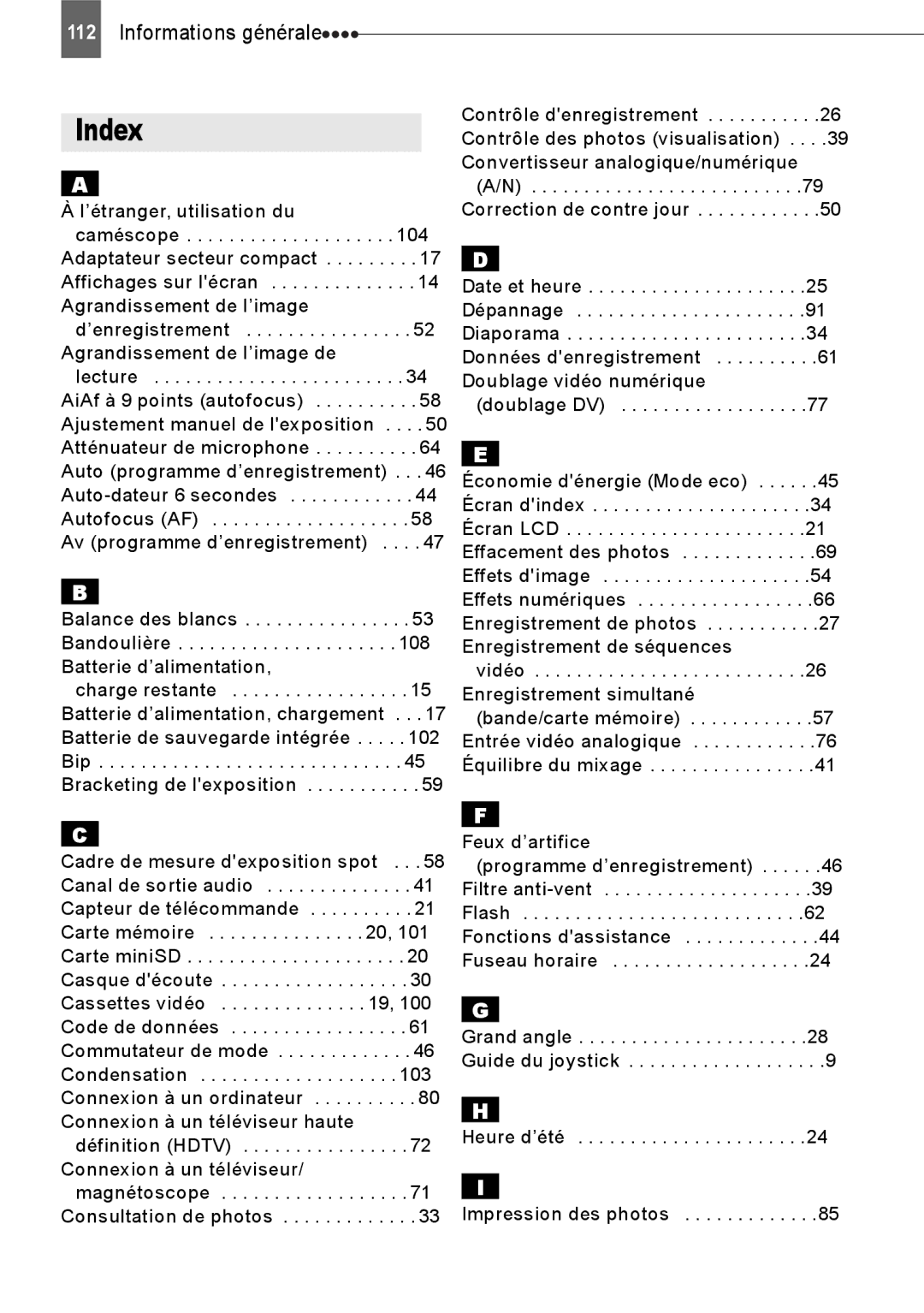 Canon HV40 manual Index, ’enregistrement Agrandissement de l’image de 