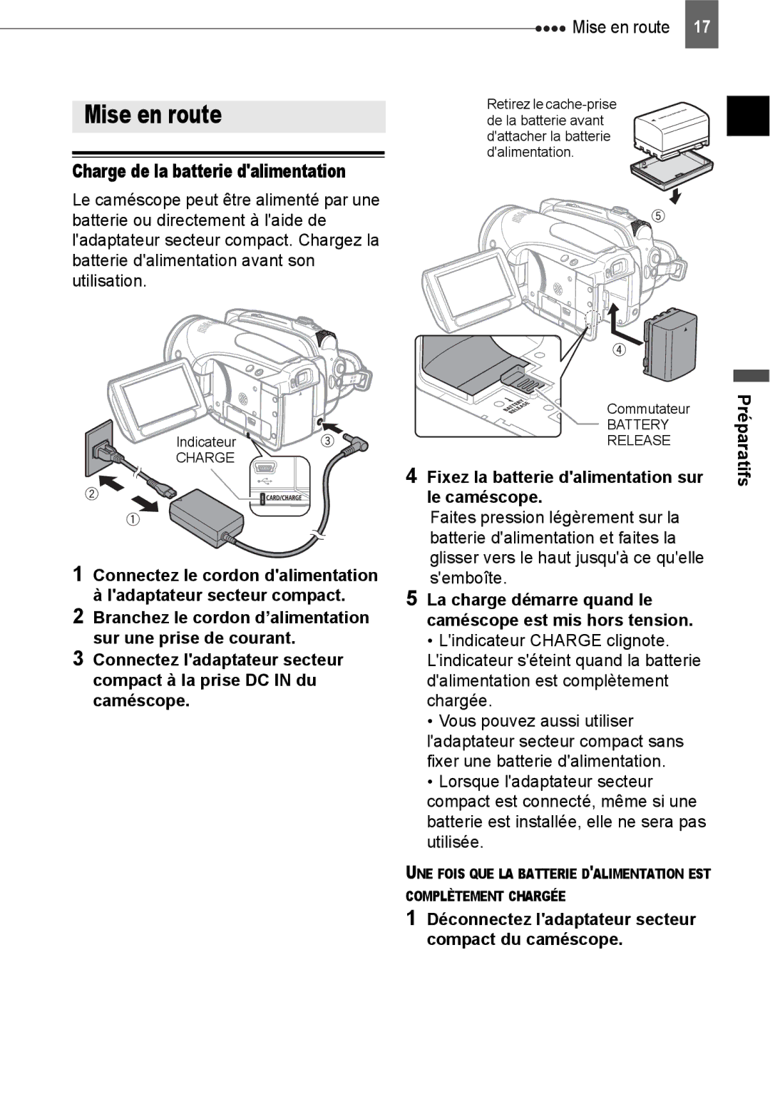 Canon HV40 manual Mise en route, Charge de la batterie dalimentation, Fixez la batterie dalimentation sur le caméscope 