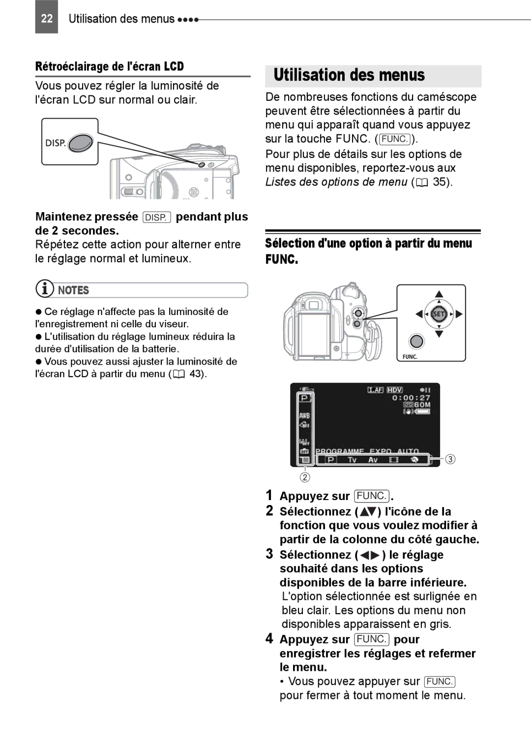 Canon HV40 manual Utilisation des menus, Sélection dune option à partir du menu Func, Rétroéclairage de lécran LCD 