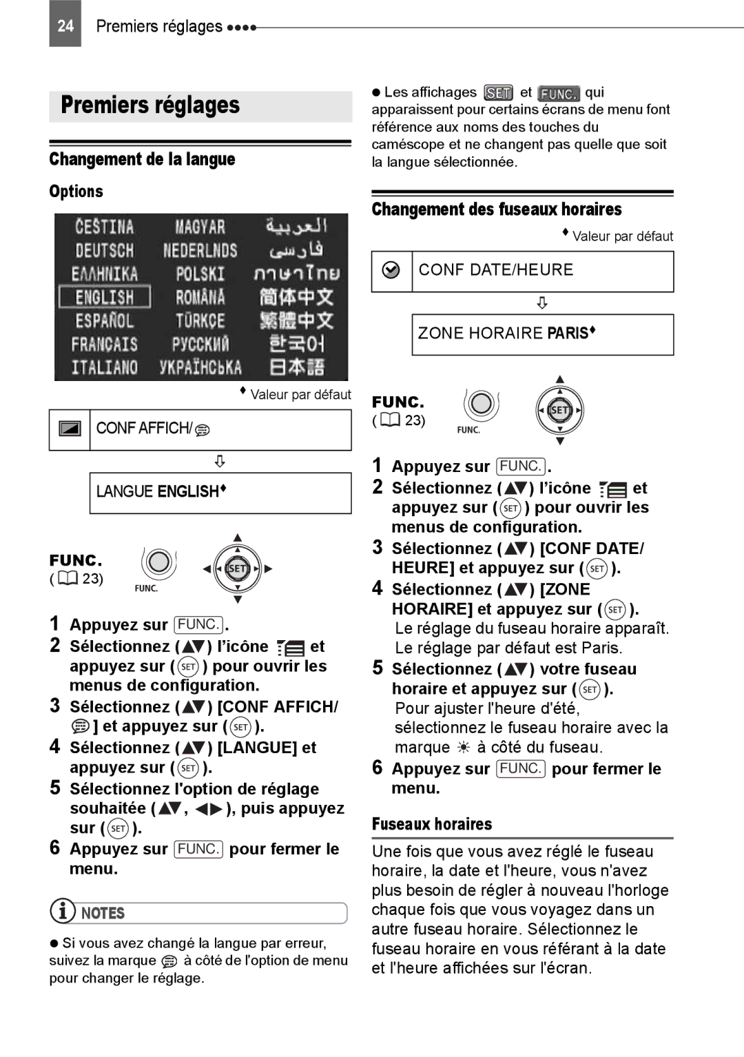 Canon HV40 manual Premiers réglages, Changement de la langue, Changement des fuseaux horaires, Options 