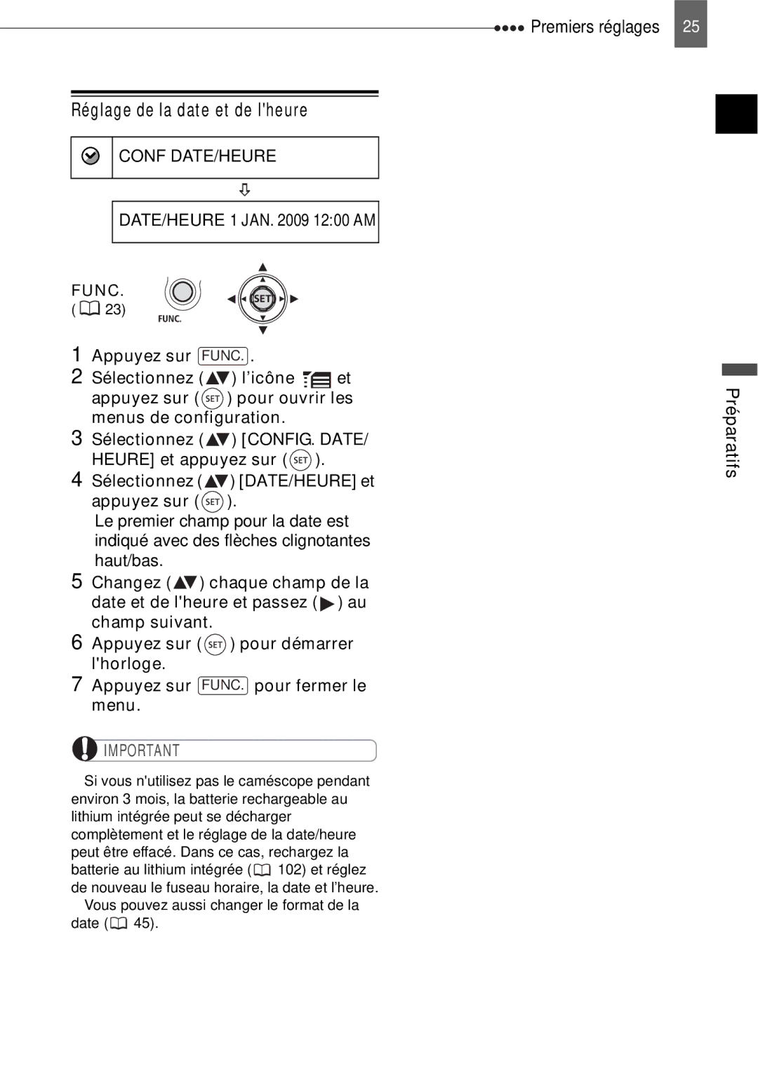 Canon HV40 manual Réglage de la date et de lheure, Conf DATE/HEURE, DATE/HEURE 1 JAN 1200 AM 