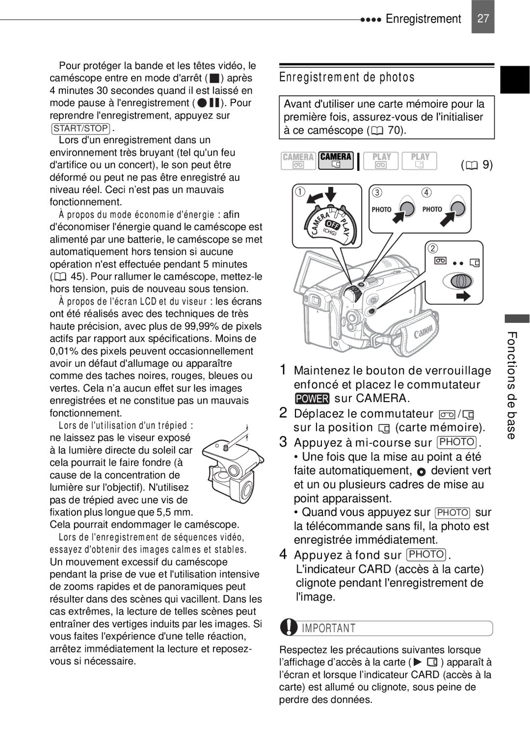 Canon HV40 manual Enregistrement de photos, Enfoncé et placez le commutateur, Appuyez à mi-course sur Photo, Carte mémoire 